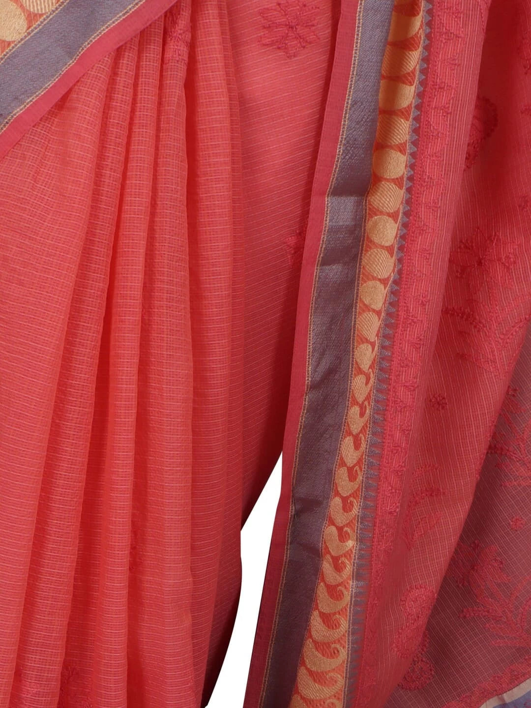 Ada Hand Embroidered Carrot Pink Kota Lucknowi Chikankari Saree With Blouse 01A209750