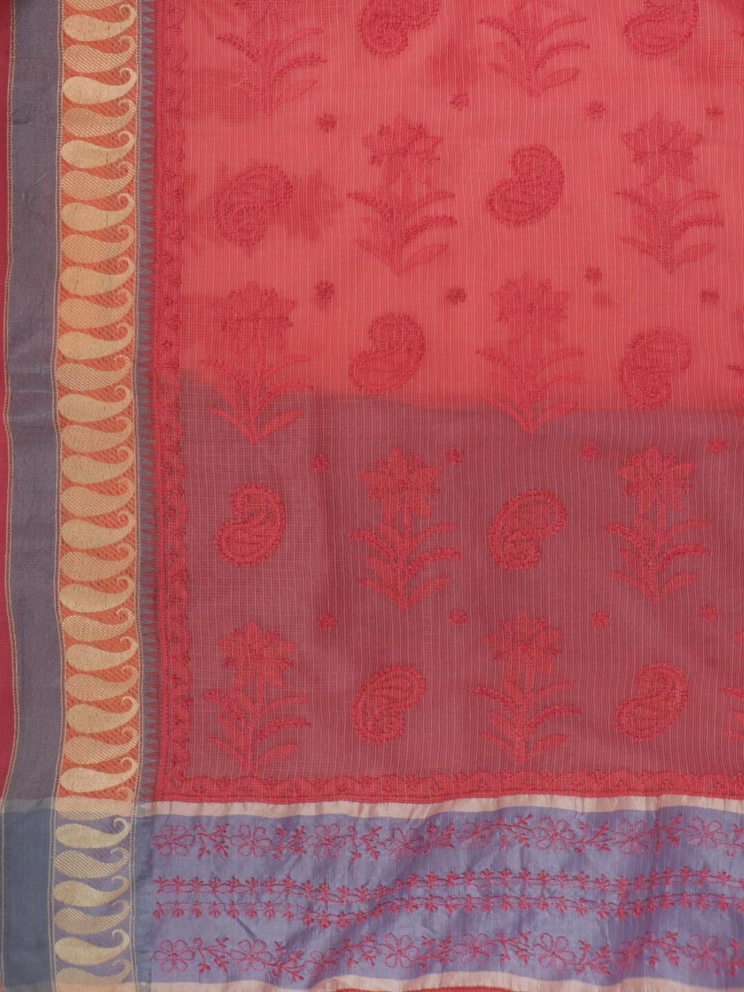 Ada Hand Embroidered Carrot Pink Kota Lucknowi Chikankari Saree With Blouse 01A209750