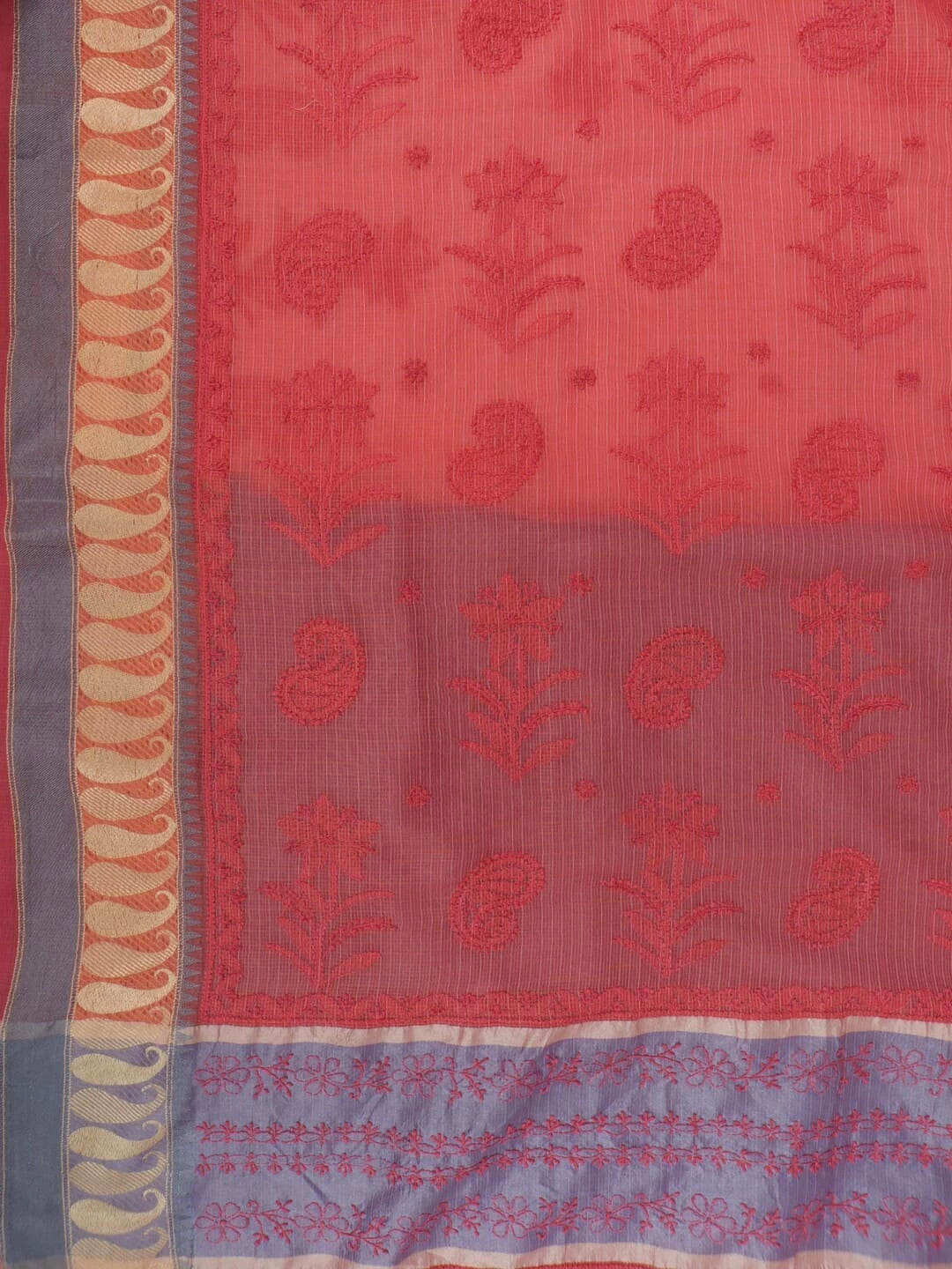 Ada Hand Embroidered Carrot Pink Kota Lucknowi Chikankari Saree With Blouse 01A209750