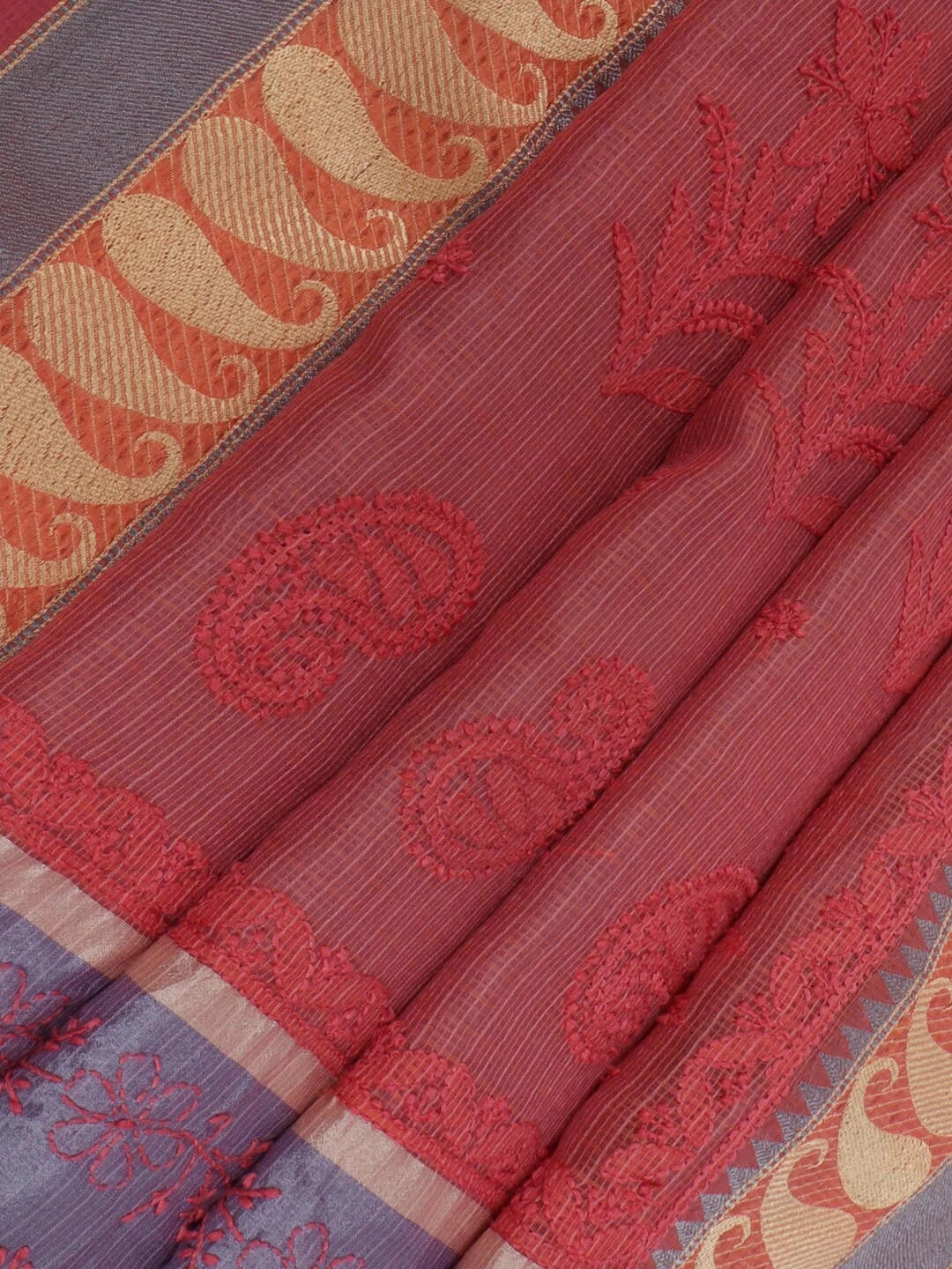 Ada Hand Embroidered Carrot Pink Kota Lucknowi Chikankari Saree With Blouse 01A209750