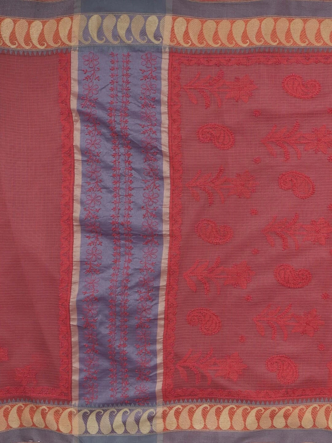 Ada Hand Embroidered Carrot Pink Kota Lucknowi Chikankari Saree With Blouse 01A209750