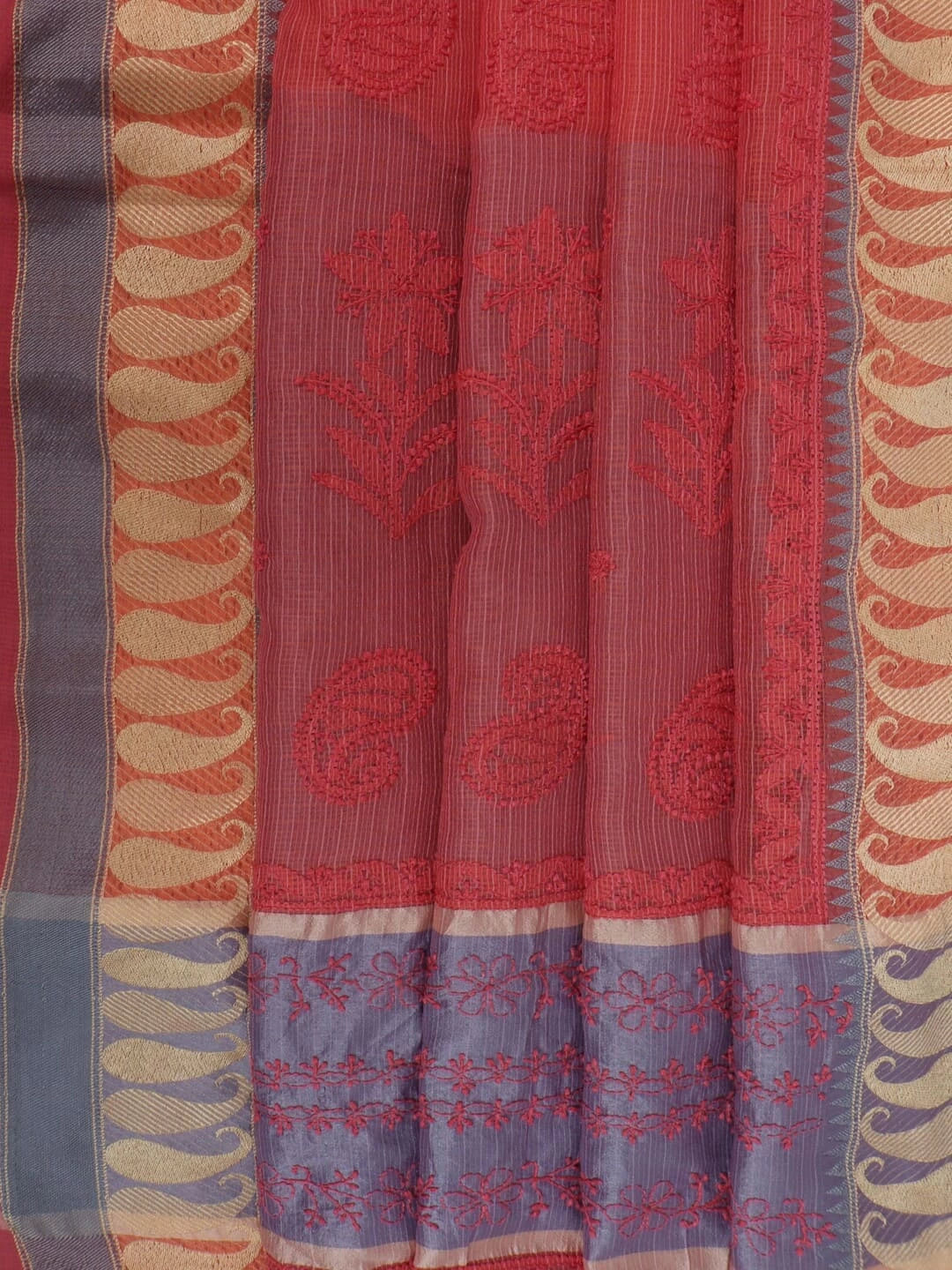 Ada Hand Embroidered Carrot Pink Kota Lucknowi Chikankari Saree With Blouse 01A209750