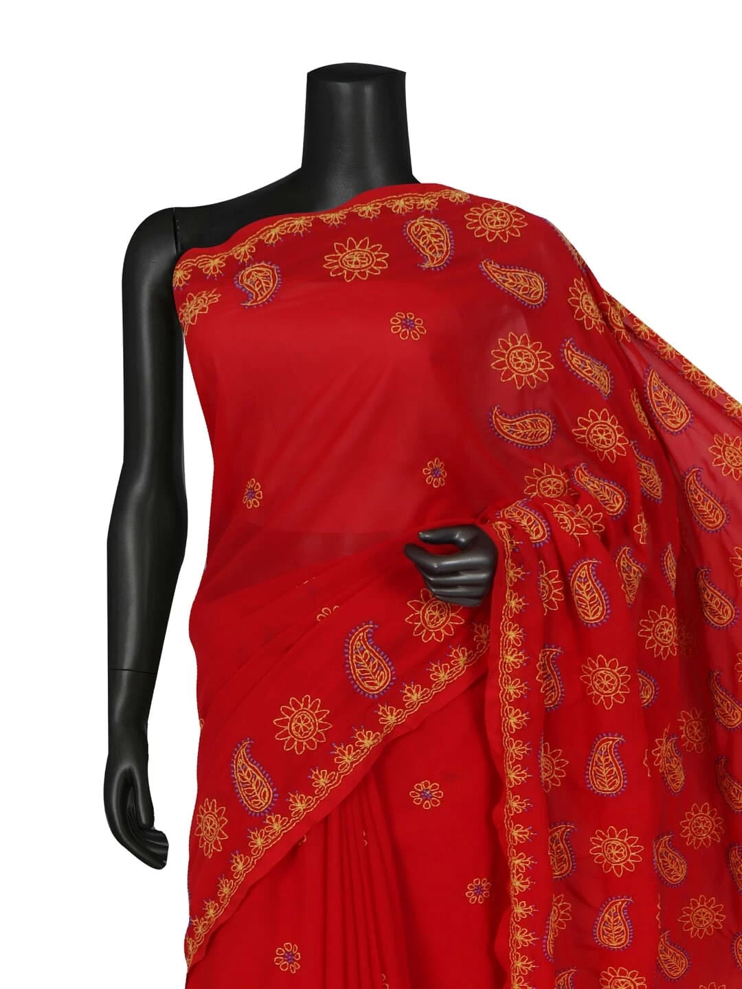 Ada Hand Embroidered Red Georgette Lucknow Chikankari Saree With Blouse A398465