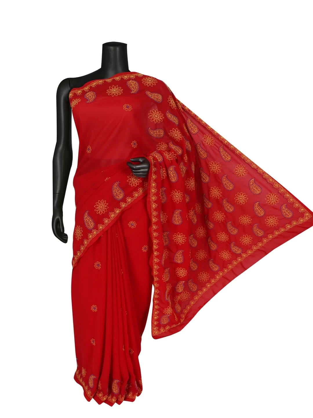 Ada Hand Embroidered Red Georgette Lucknow Chikankari Saree With Blouse A398465