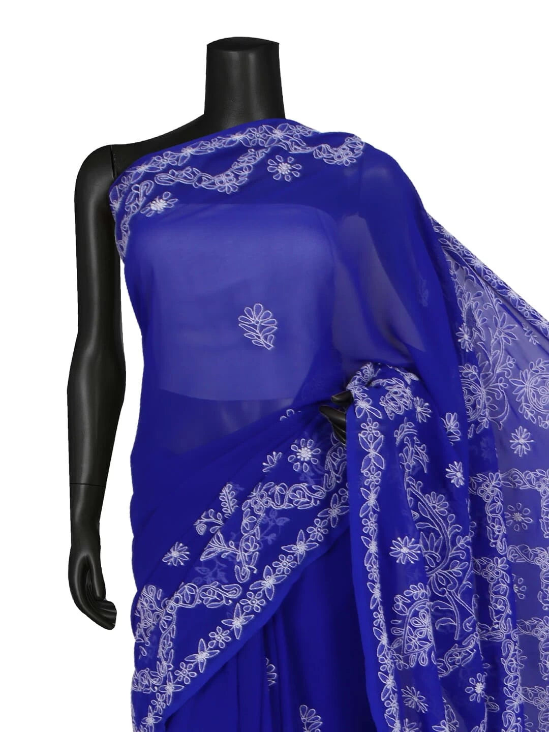 Ada Hand Embroidered Royal Blue Faux Georgette Lucknowi Chikankari Saree With Blouse 01A238155