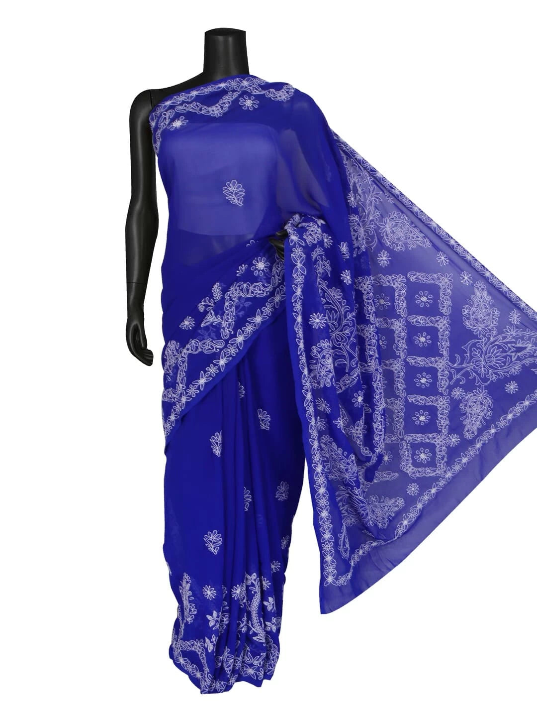 Ada Hand Embroidered Royal Blue Faux Georgette Lucknowi Chikankari Saree With Blouse 01A238155