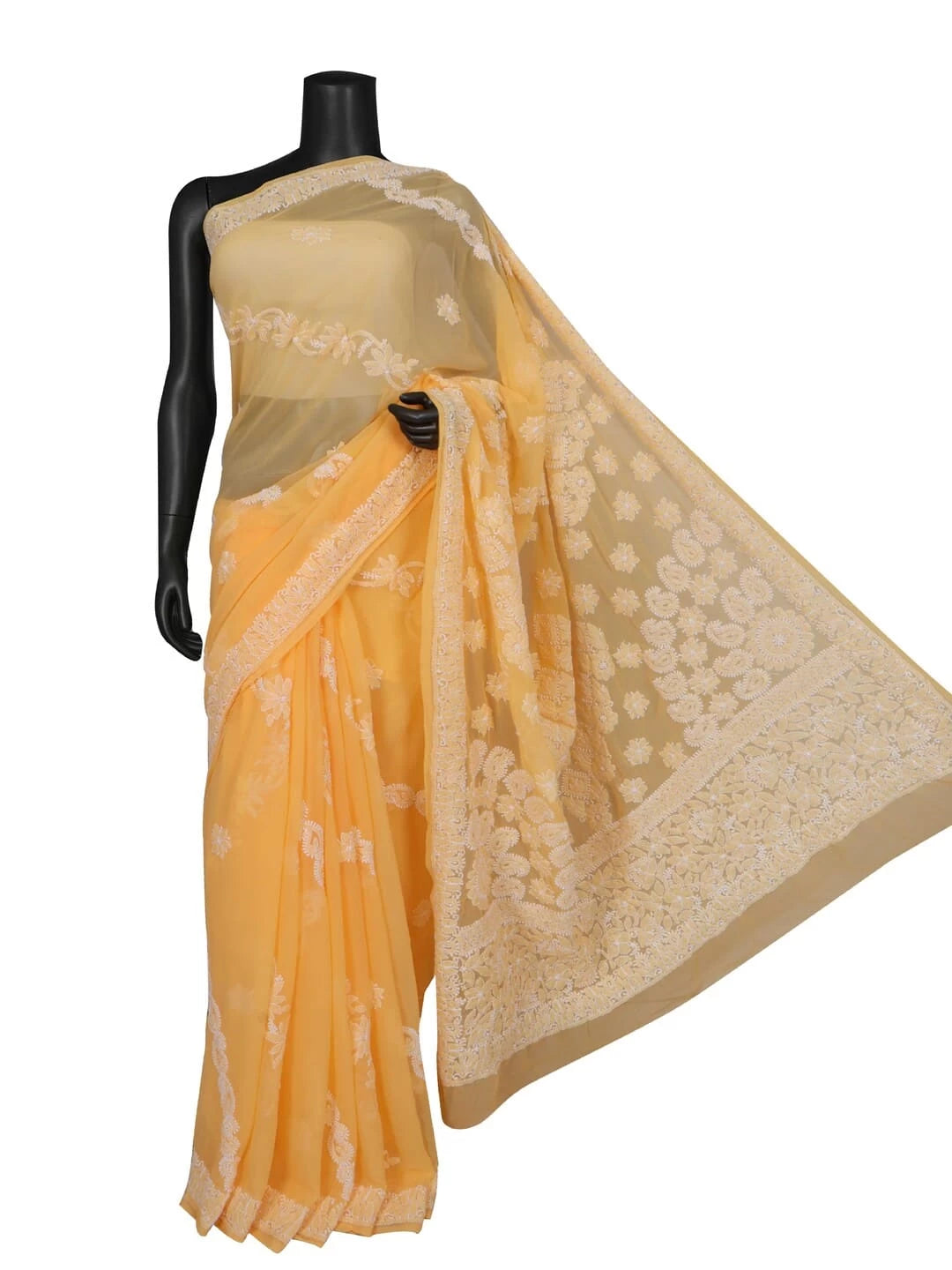 Ada Hand Embroidered Peach Faux Georgette Lucknowi Chikankari Saree With Blouse 01A104080