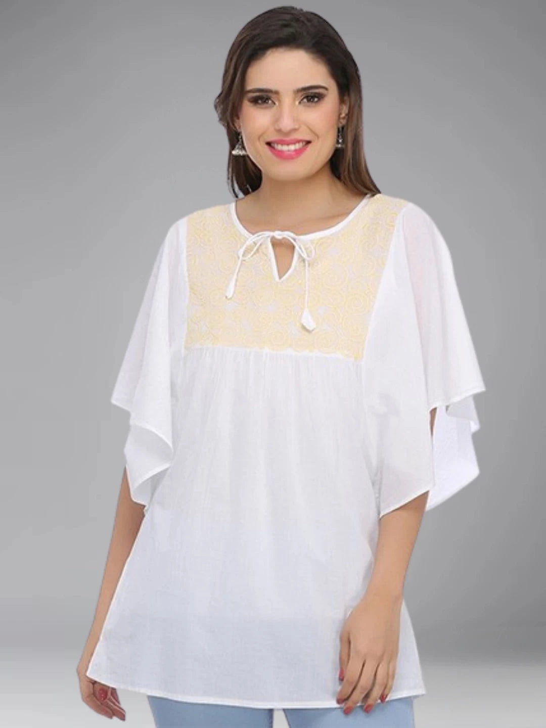 Ada Hand Embroidered White Cotton Lucknowi Chikankari Top A371895