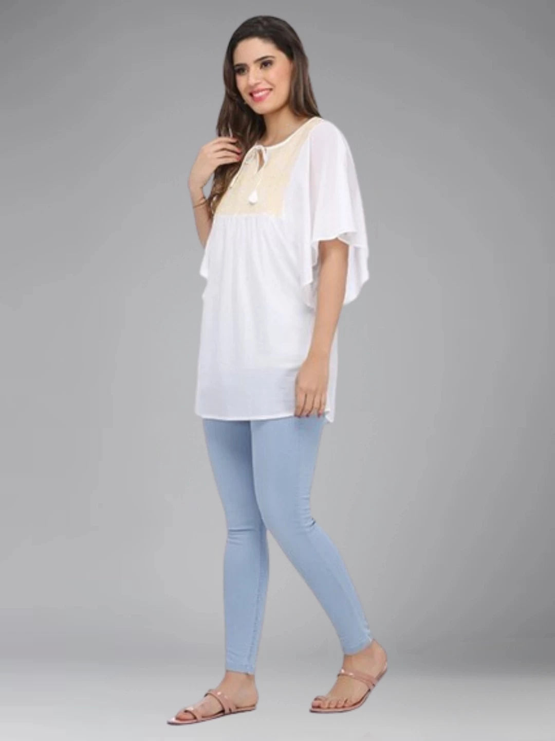Ada Hand Embroidered White Cotton Lucknowi Chikankari Top A371895