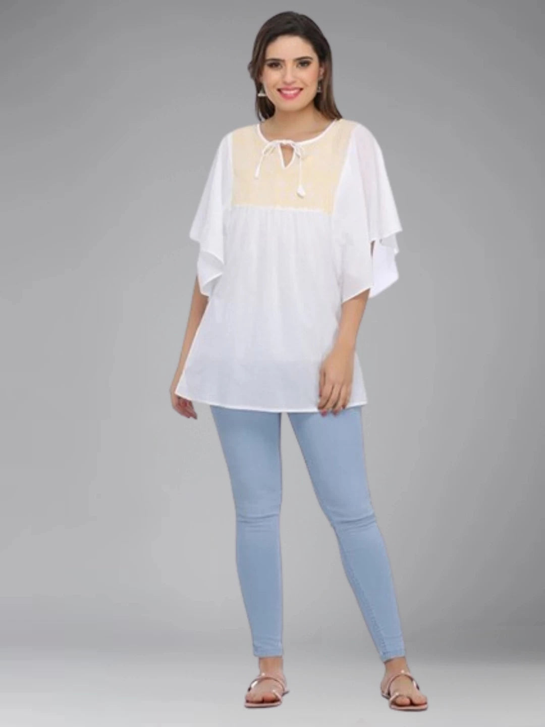 Ada Hand Embroidered White Cotton Lucknowi Chikankari Top A371895