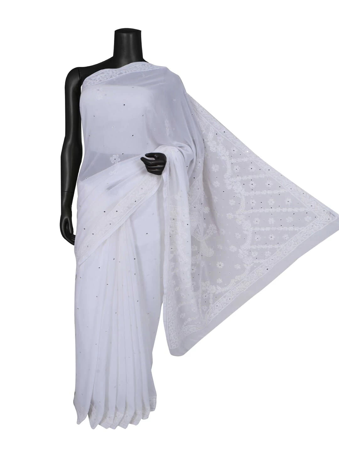 Ada Hand Embroidered White Georgette Lucknowi Chikankari Saree/Blouse With Mirror Work 01A38666
