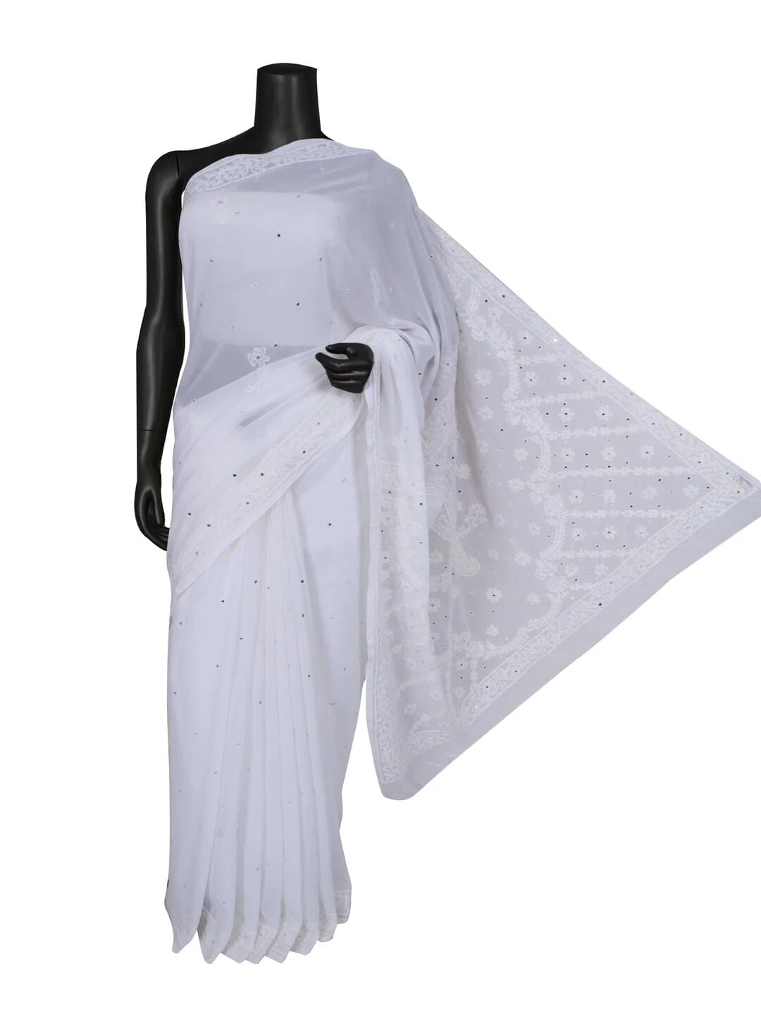Ada Hand Embroidered White Georgette Lucknowi Chikankari Saree/Blouse With Mirror Work 01A38666