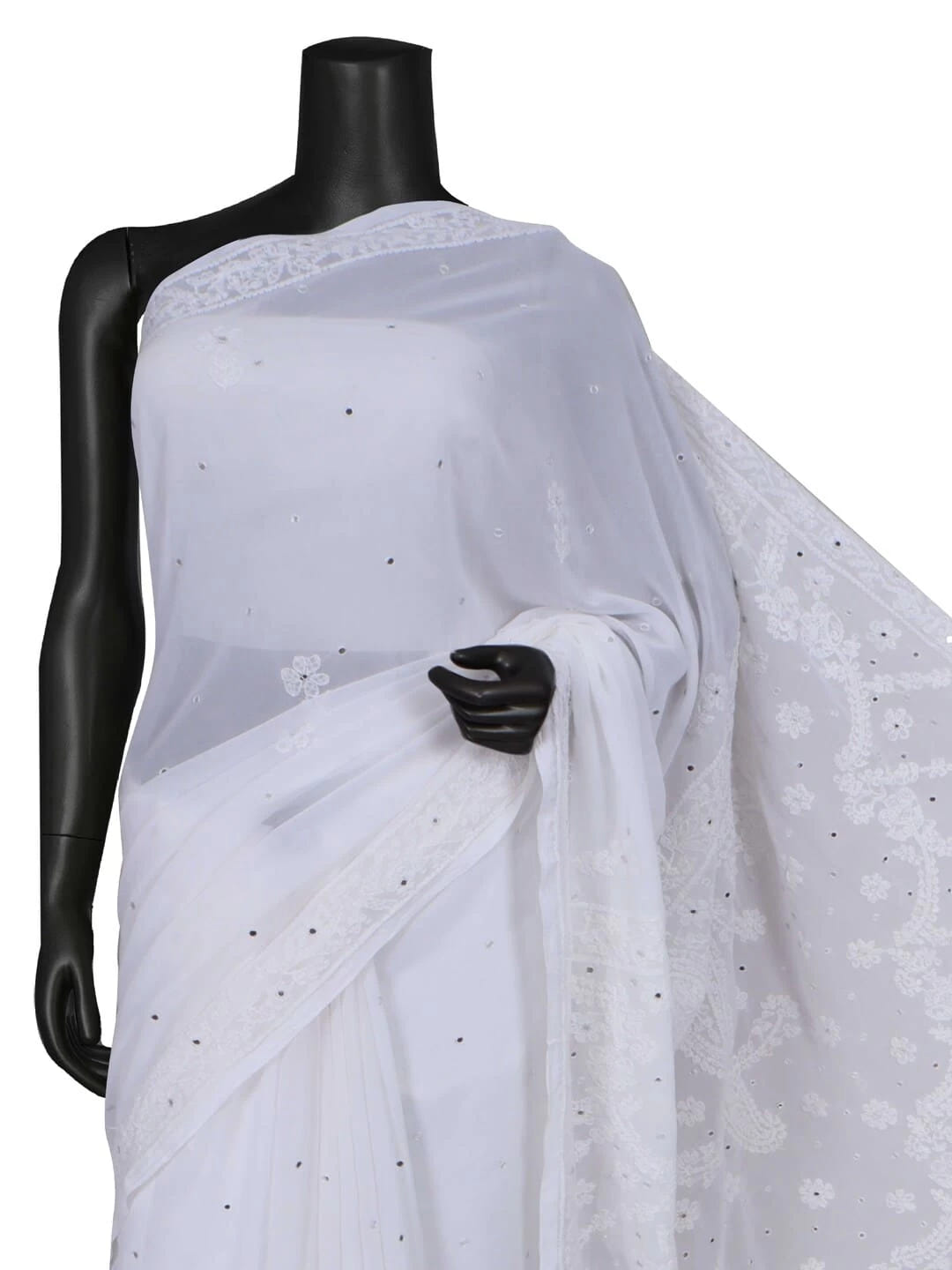 Ada Hand Embroidered White Georgette Lucknowi Chikankari Saree/Blouse With Mirror Work 01A38666