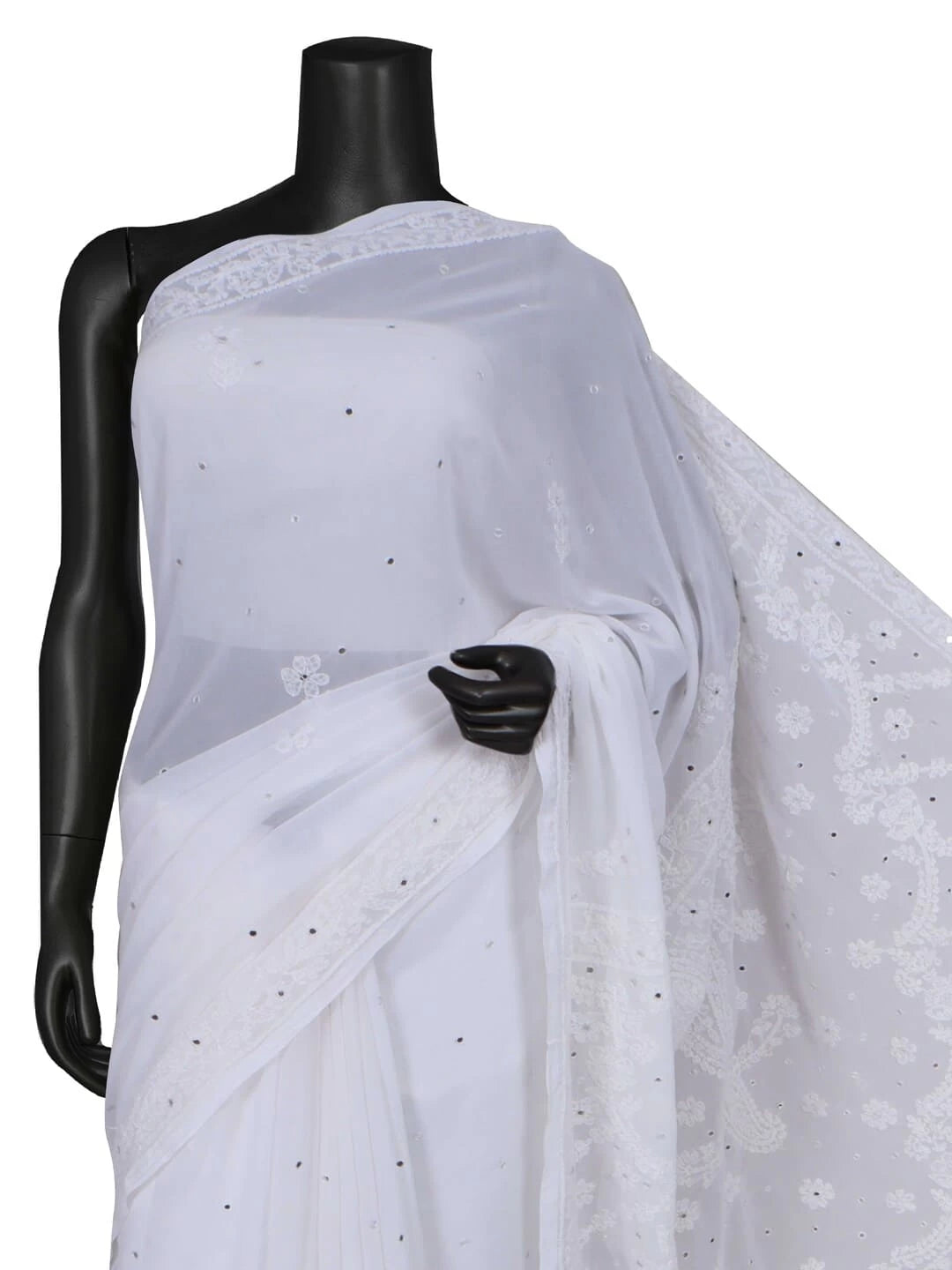 Ada Hand Embroidered White Georgette Lucknowi Chikankari Saree/Blouse With Mirror Work 01A38666