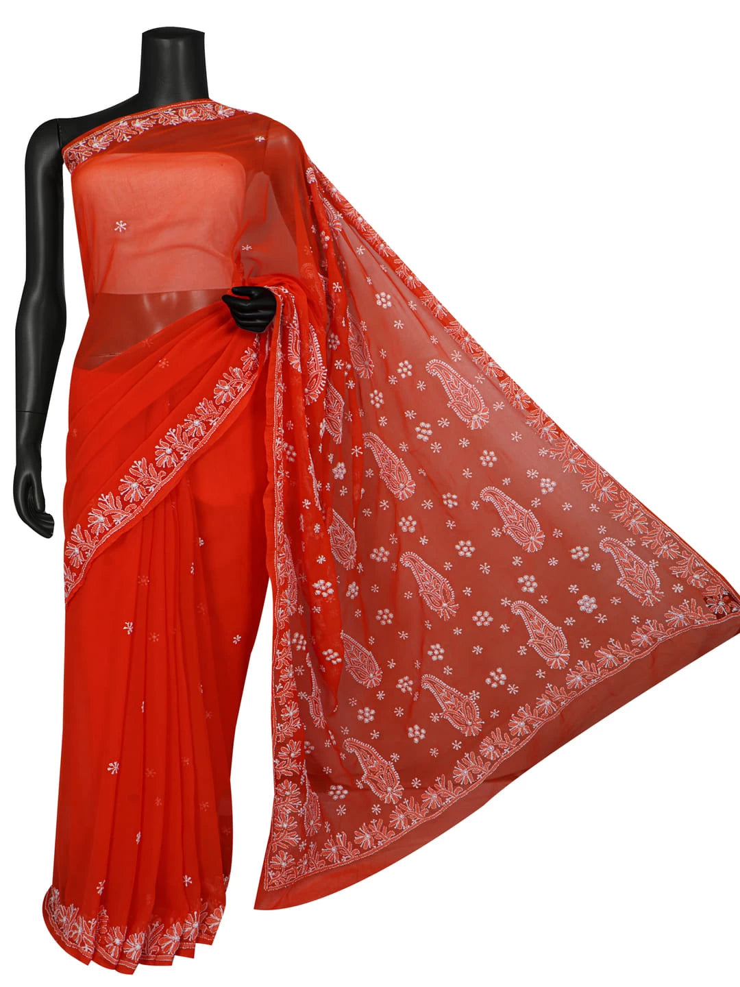 Ada Hand Embroidered Orange Georgette Lucknowi Chikankari Saree With Blouse A170289
