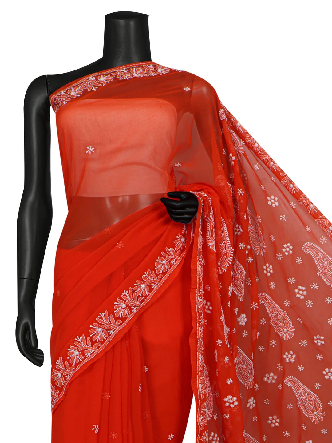 Ada Hand Embroidered Orange Georgette Lucknowi Chikankari Saree With Blouse A170289