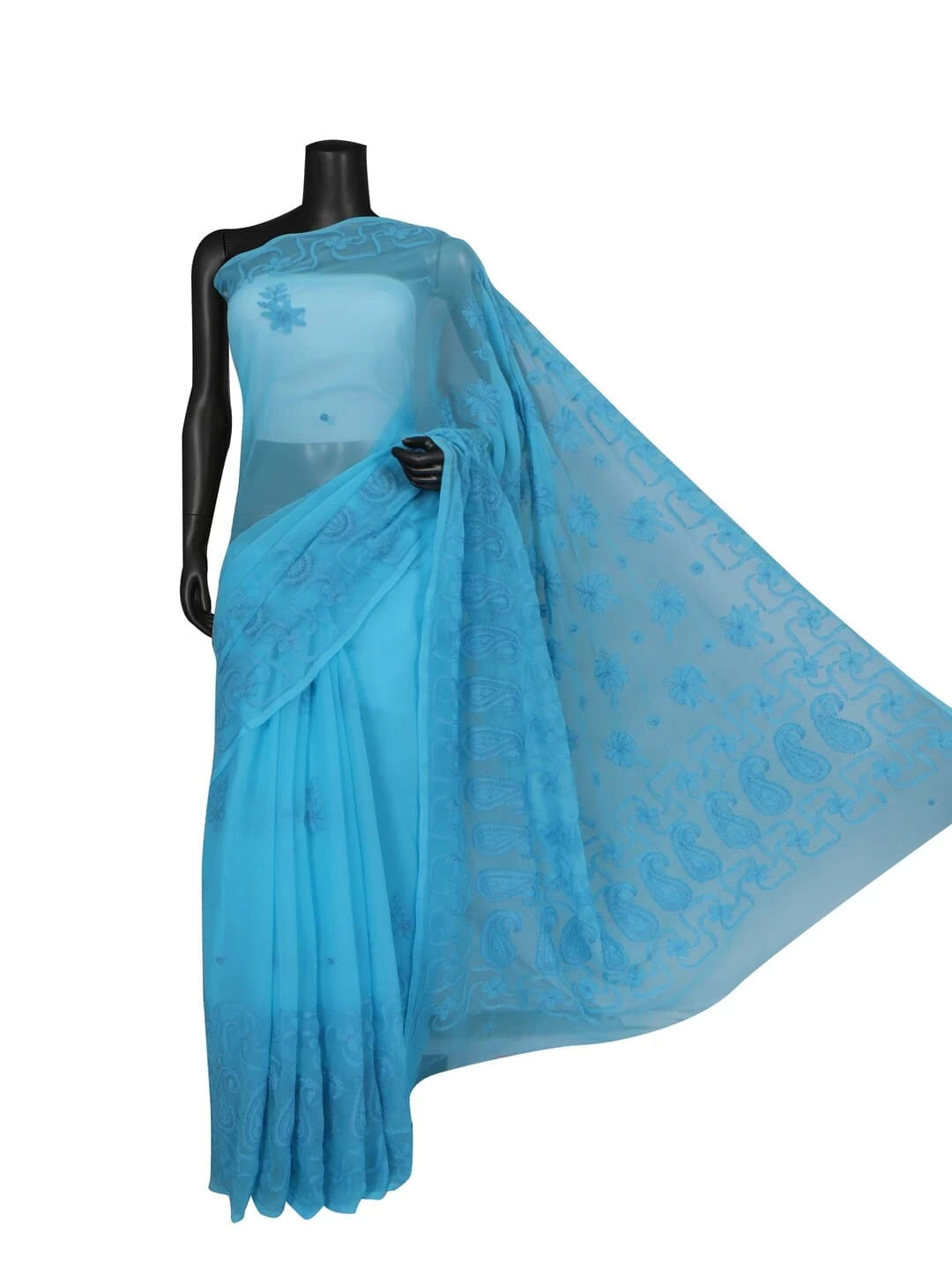 Ada Hand Embroidered Blue Georgette Lucknowi Chikankari Saree With Blouse 01A13433