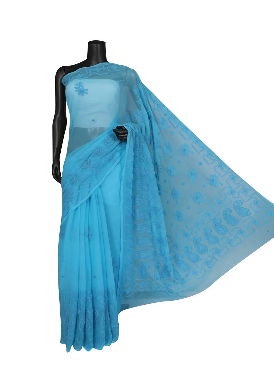 Ada Hand Embroidered Blue Georgette Lucknowi Chikankari Saree With Blouse 01A13433