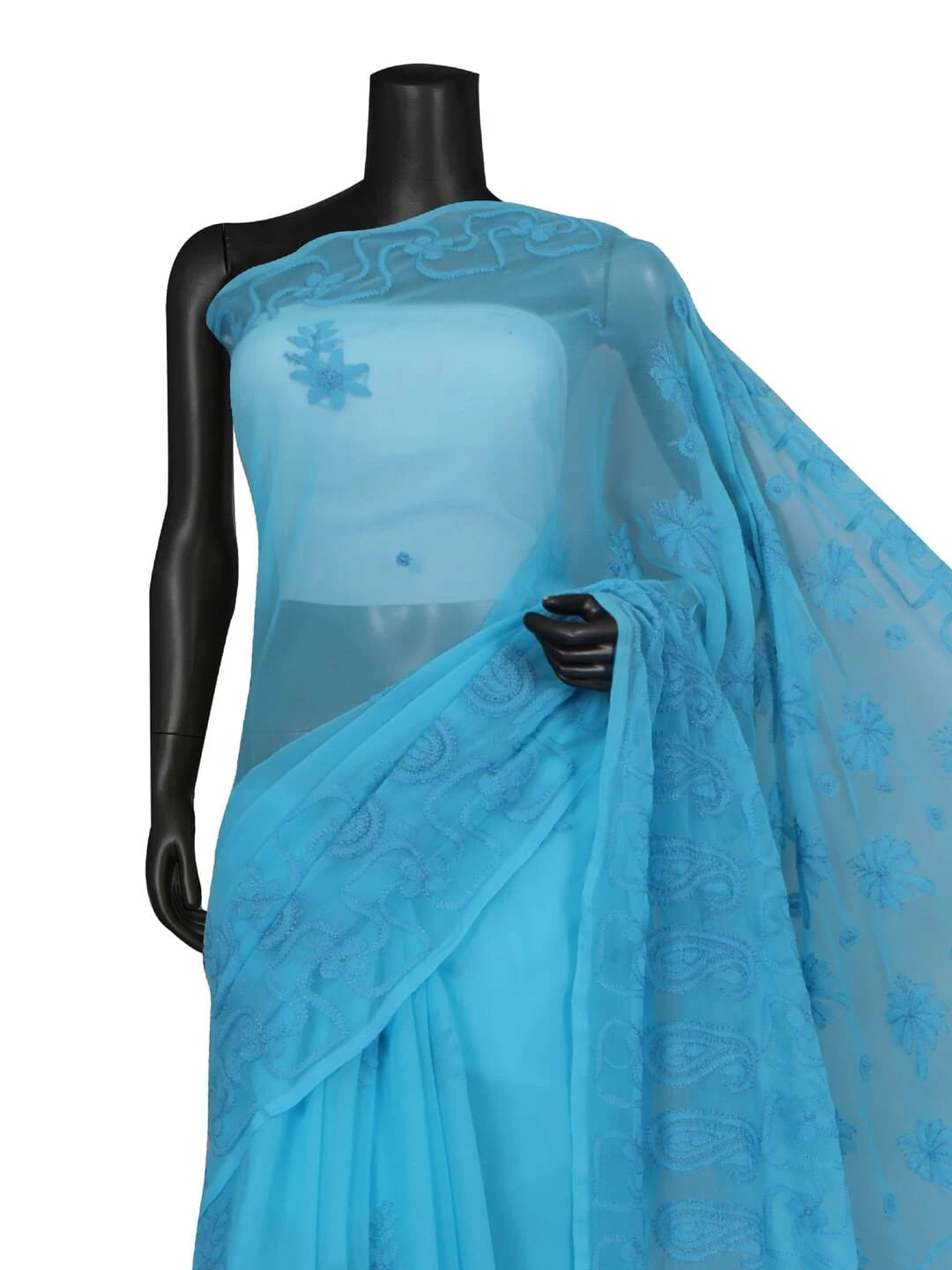 Ada Hand Embroidered Blue Georgette Lucknowi Chikankari Saree With Blouse 01A13433