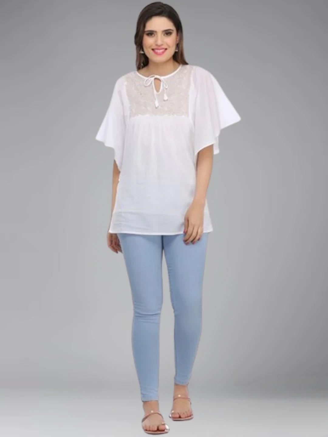 Ada Hand Embroidered White Cotton Lucknowi Chikankari Top A371897