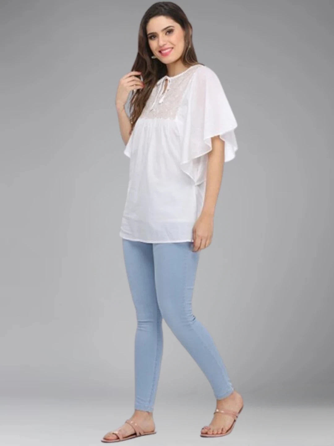 Ada Hand Embroidered White Cotton Lucknowi Chikankari Top A371897