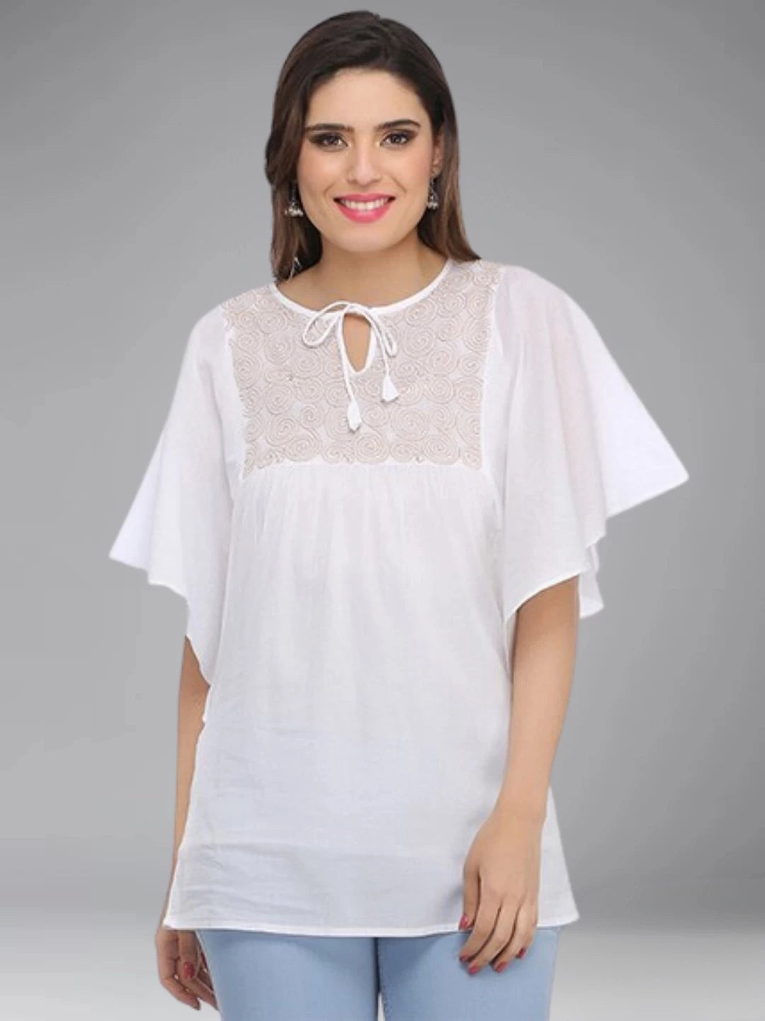 Ada Hand Embroidered White Cotton Lucknowi Chikankari Top A371897