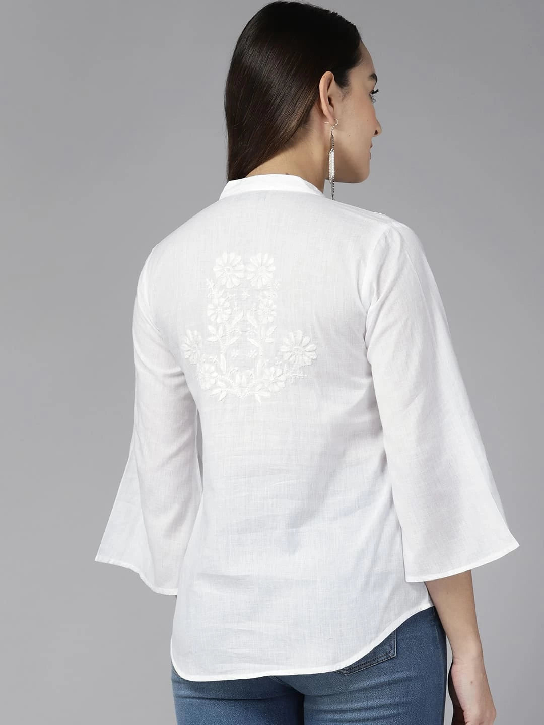 Ada Hand Embroidered White Cotton Lucknowi Chikankari Straight Shirt A911275