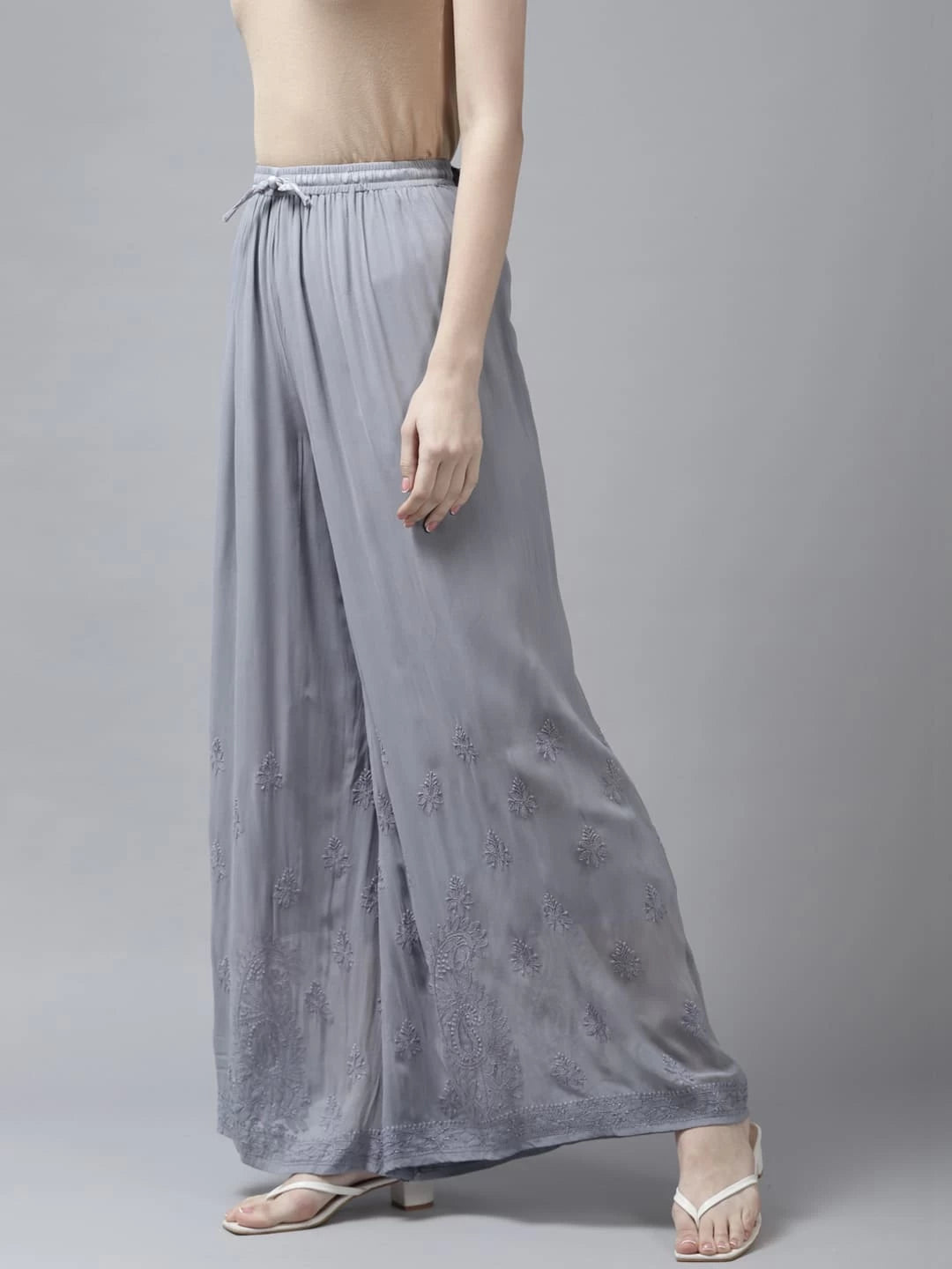 Ada Hand Embroidered Grey Viscose Georgette Lucknowi Chikankari Palazzo A711156