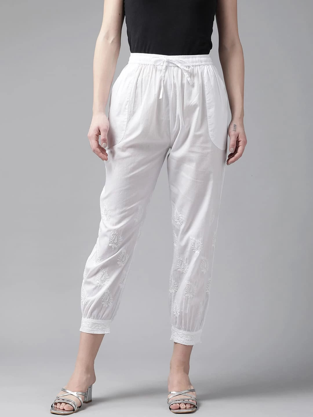 Ada Hand Embroidered White Cotton Lucknowi Chikankari Pant A711164