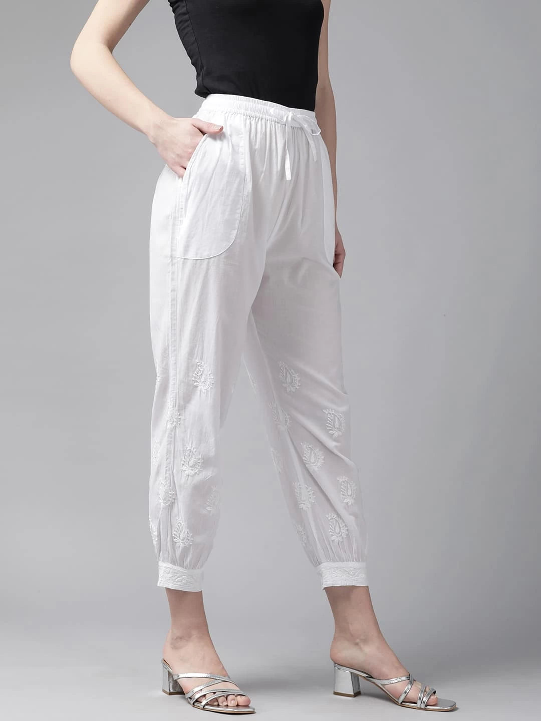 Ada Hand Embroidered White Cotton Lucknowi Chikankari Pant A711164