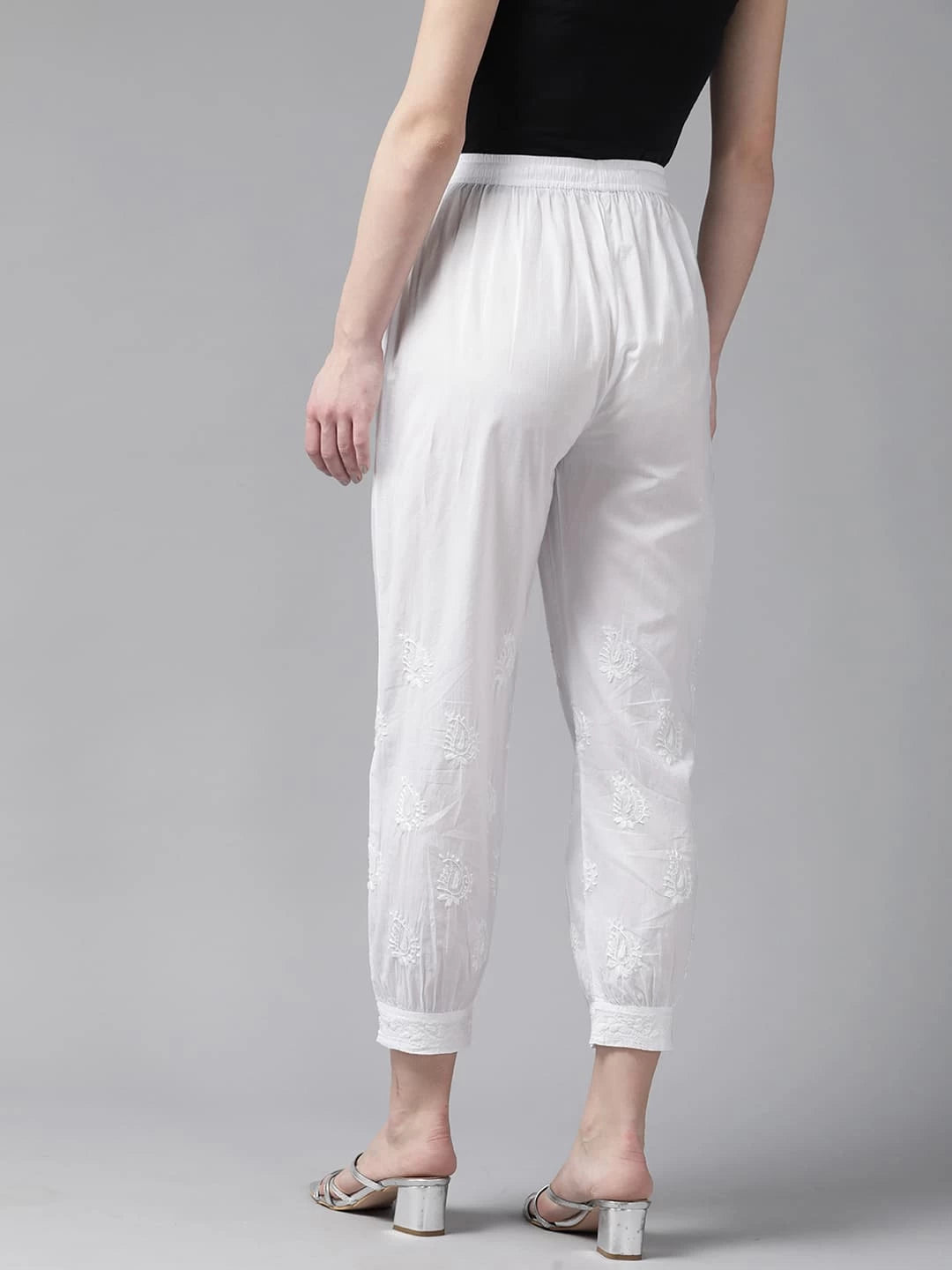 Ada Hand Embroidered White Cotton Lucknowi Chikankari Pant A711164