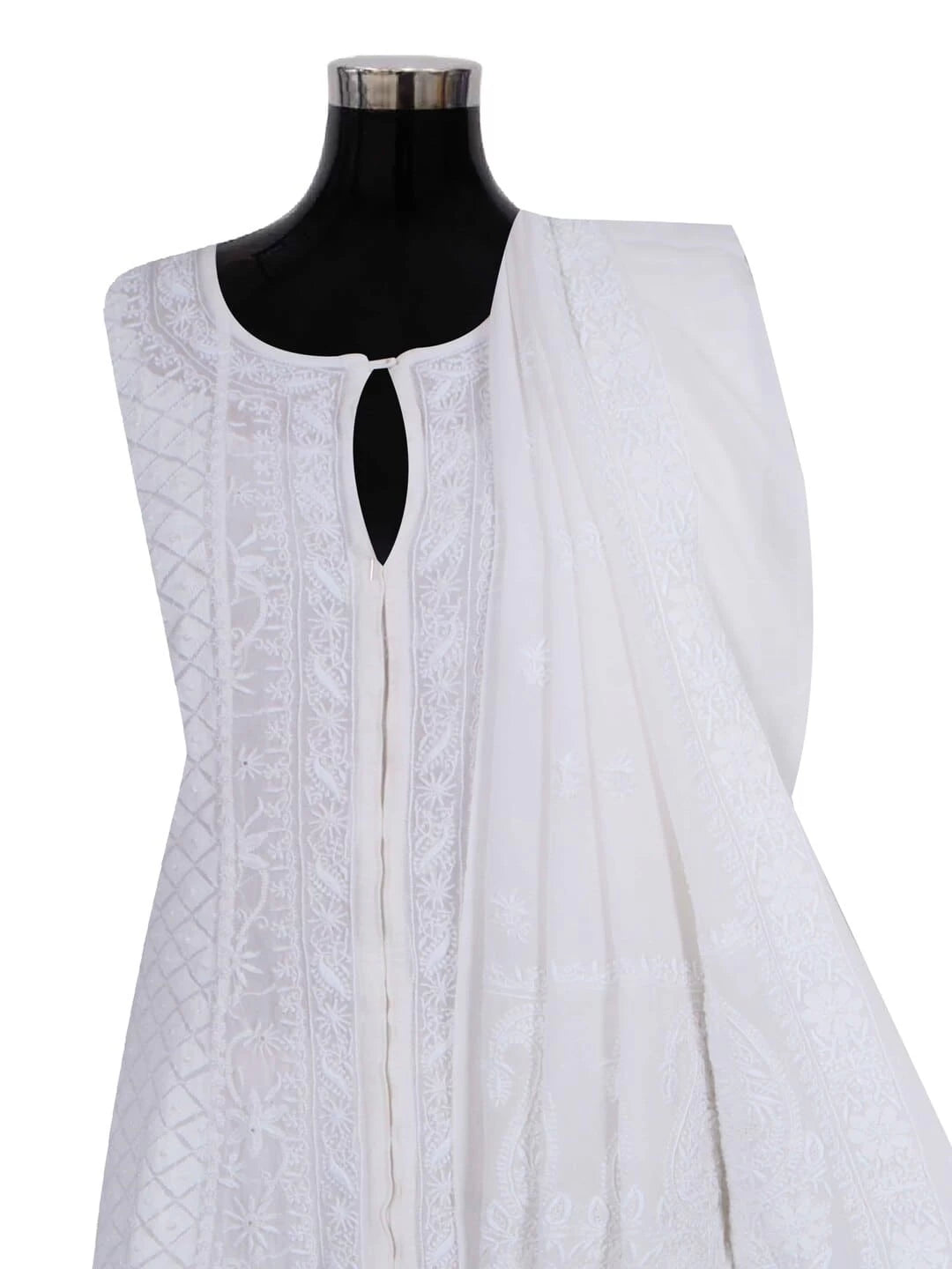 Ada Hand Embroidered Off White Pure Georgette Lucknowi Chikankari Semi-Stitched Anarkali Kurta Dupatta Set A484753