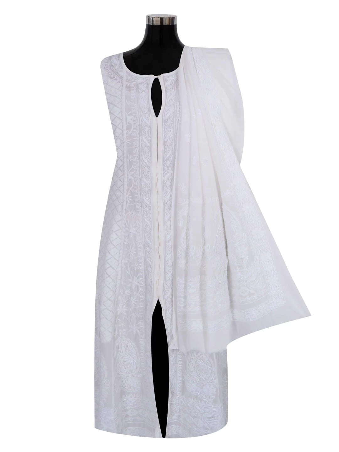 Ada Hand Embroidered Off White Pure Georgette Lucknowi Chikankari Semi-Stitched Anarkali Kurta Dupatta Set A484753