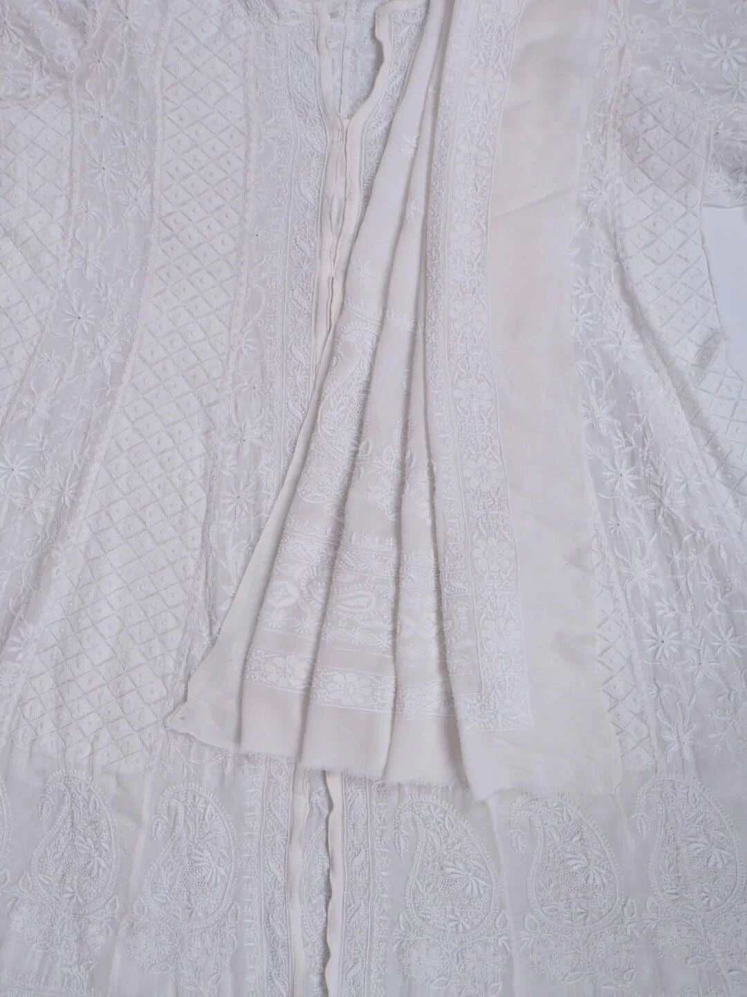 Ada Hand Embroidered Off White Pure Georgette Lucknowi Chikankari Semi-Stitched Anarkali Kurta Dupatta Set A484753