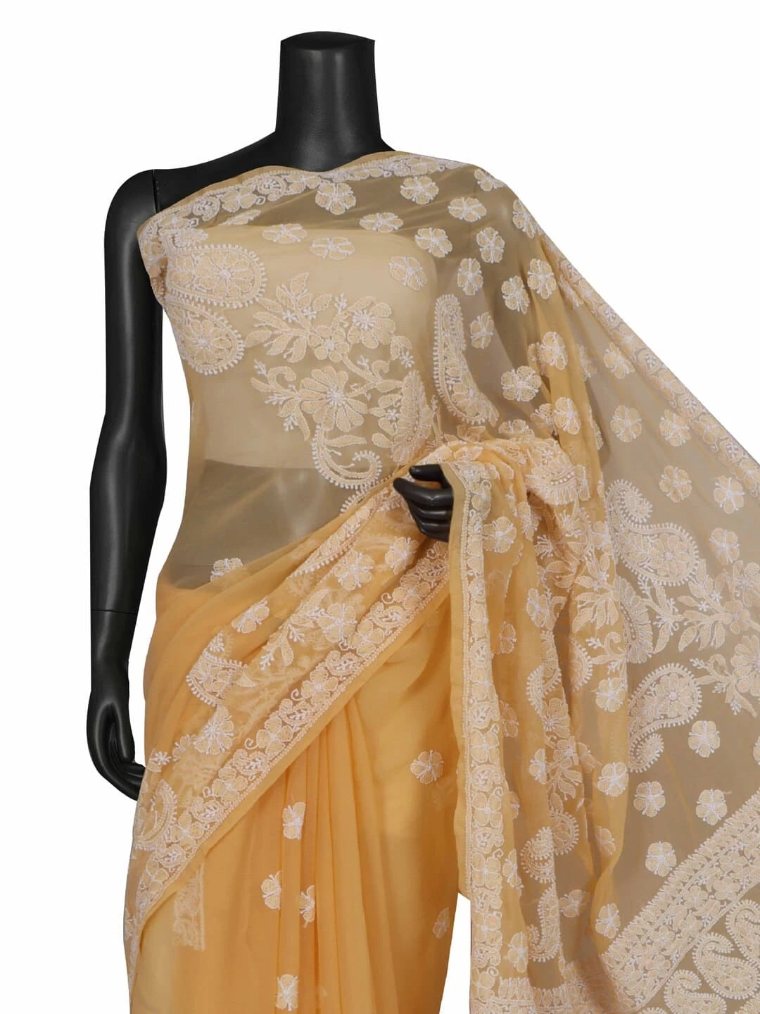 Ada Hand Embroidered Fawn Georgette Lucknowi Chikankari Saree With Blouse 01A43292