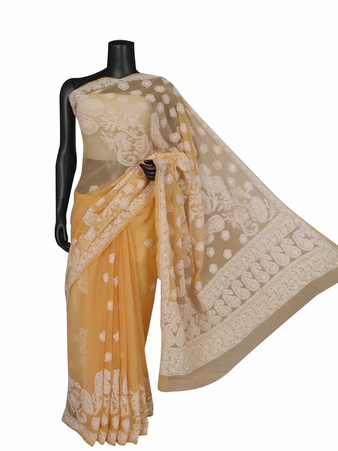 Ada Hand Embroidered Fawn Georgette Lucknowi Chikankari Saree With Blouse 01A43292