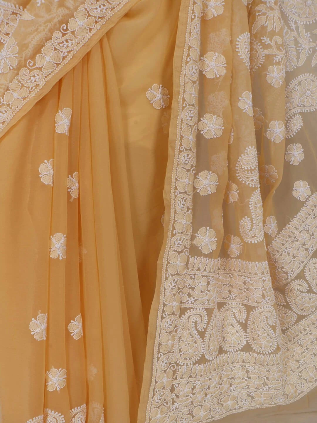 Ada Hand Embroidered Fawn Georgette Lucknowi Chikankari Saree With Blouse 01A43292