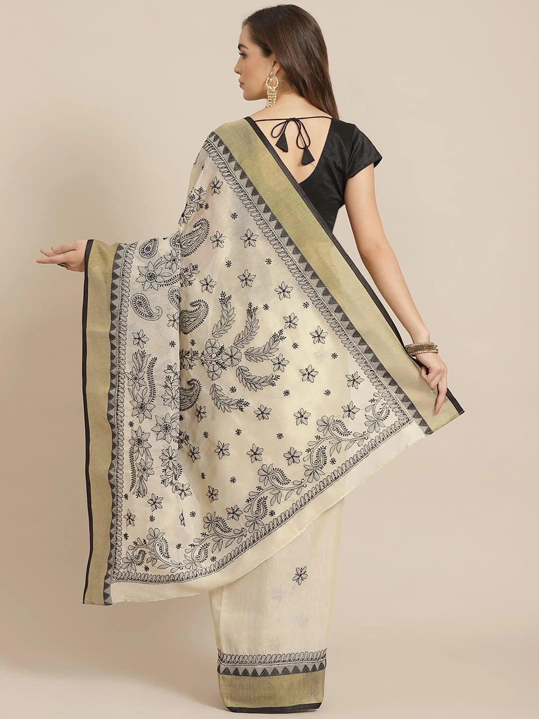 Ada Hand Embroidered Fawn Kota Lucknow Chikankari Saree With Blouse A311259