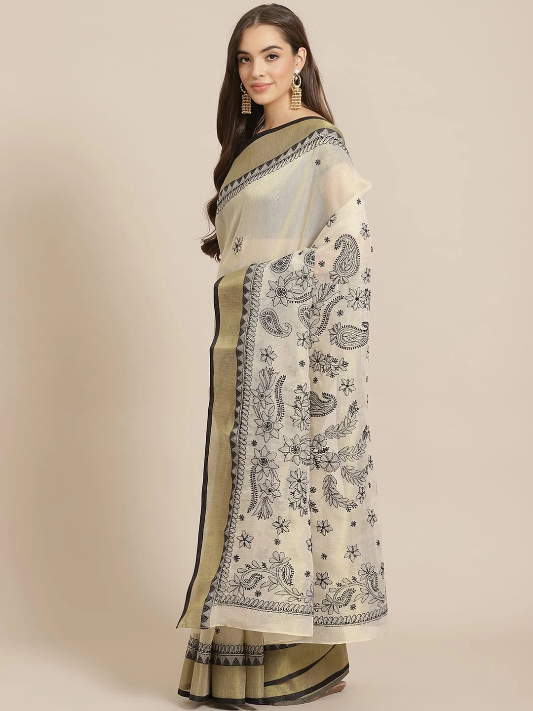 Ada Hand Embroidered Fawn Kota Lucknow Chikankari Saree With Blouse A311259