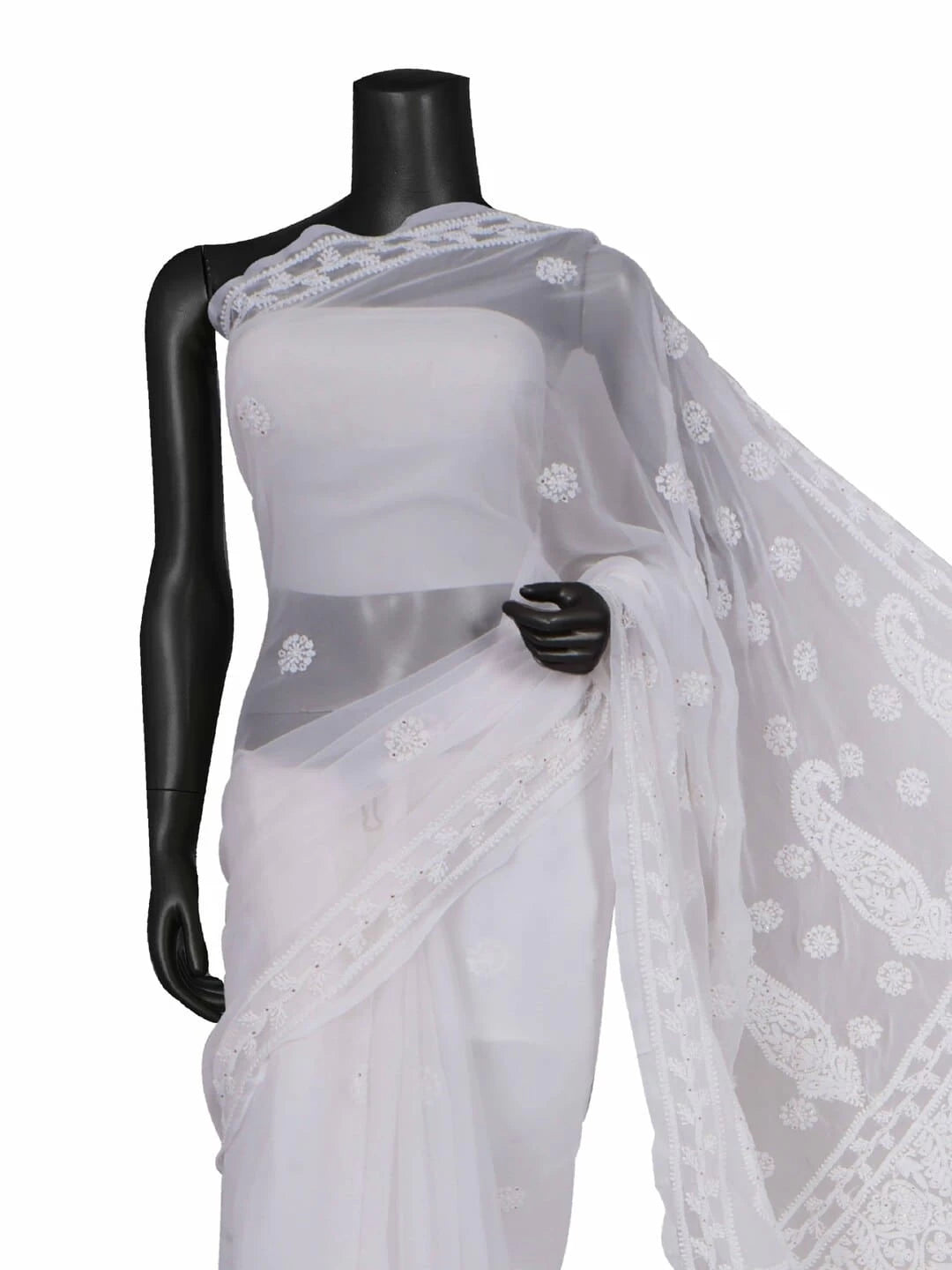 Ada Hand Embroidered White Georgette Lucknowi Chikankari Saree/Blouse With Muqaish Work 01A93955