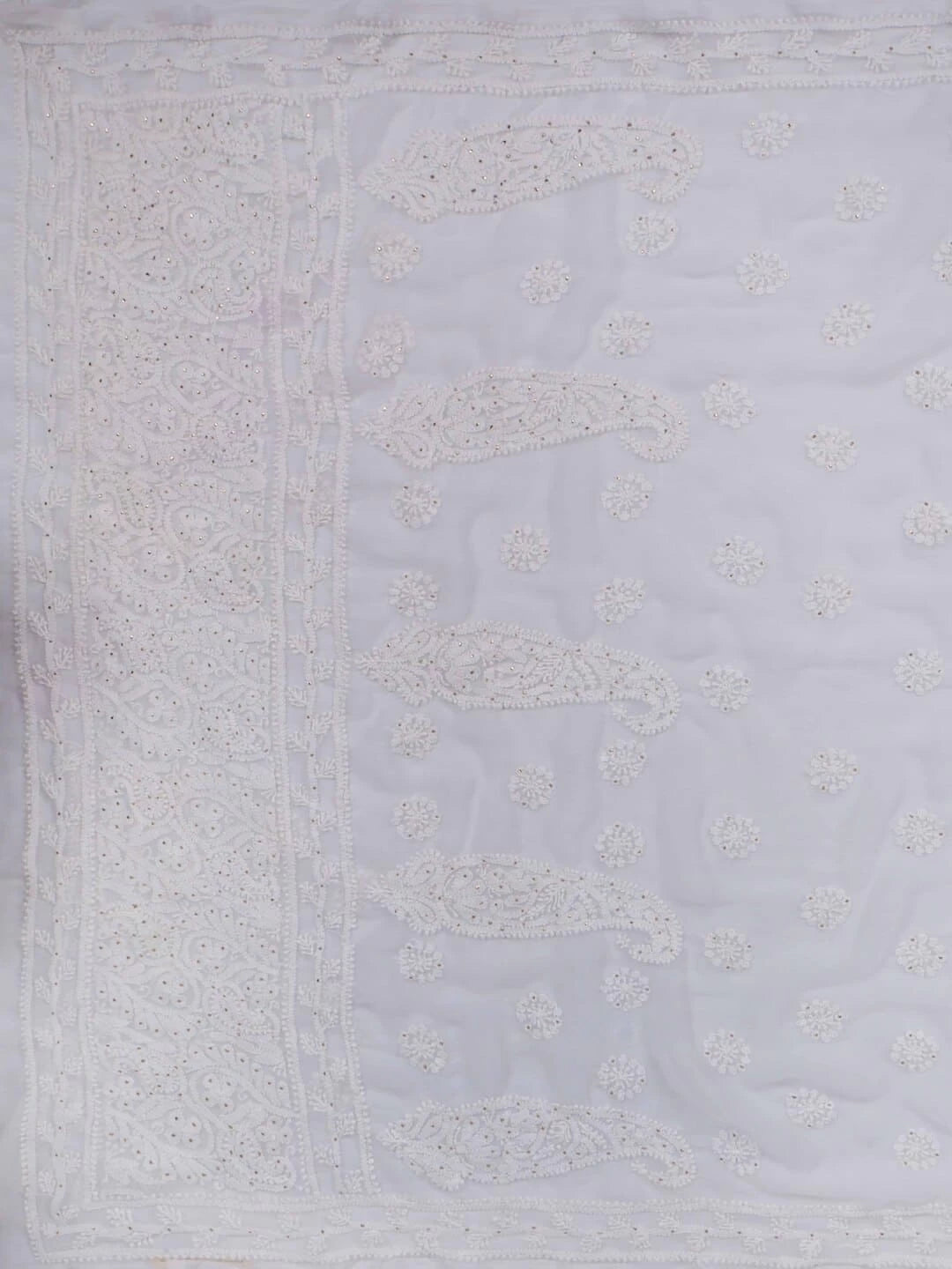 Ada Hand Embroidered White Georgette Lucknowi Chikankari Saree/Blouse With Muqaish Work 01A93955