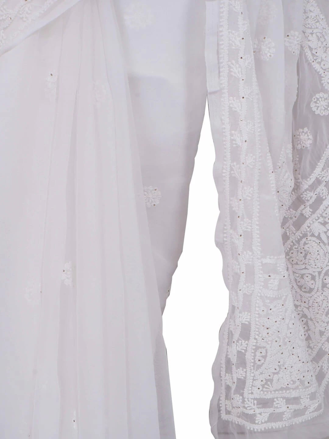 Ada Hand Embroidered White Georgette Lucknowi Chikankari Saree/Blouse With Muqaish Work 01A93955