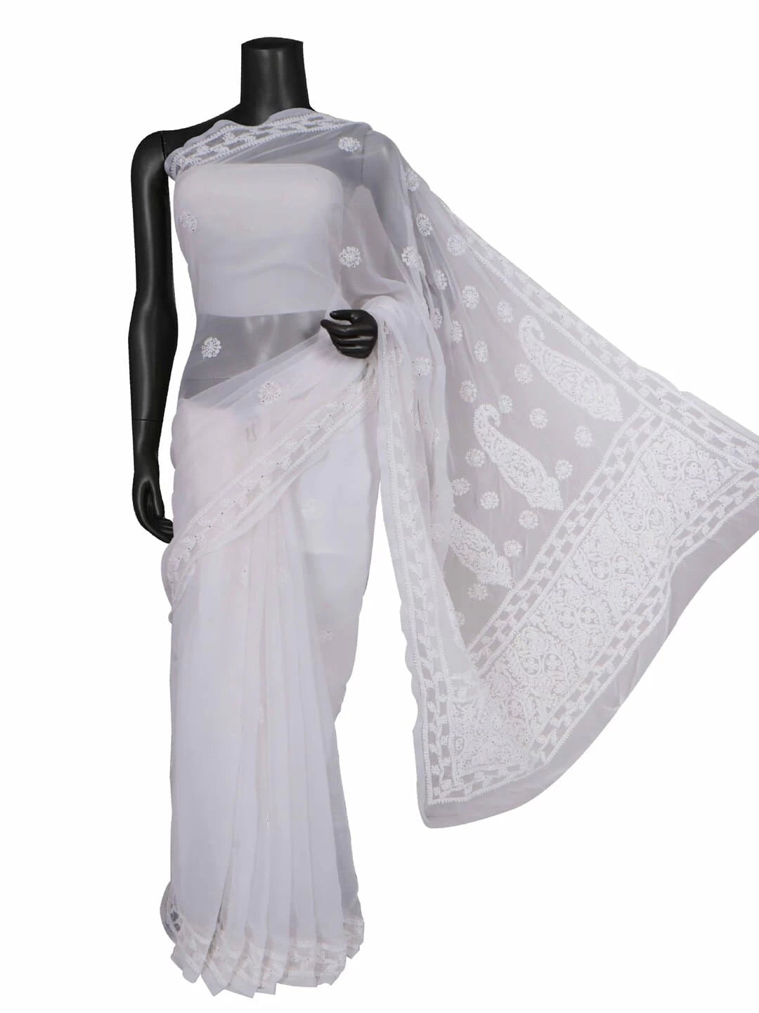 Ada Hand Embroidered White Georgette Lucknowi Chikankari Saree/Blouse With Muqaish Work 01A93955