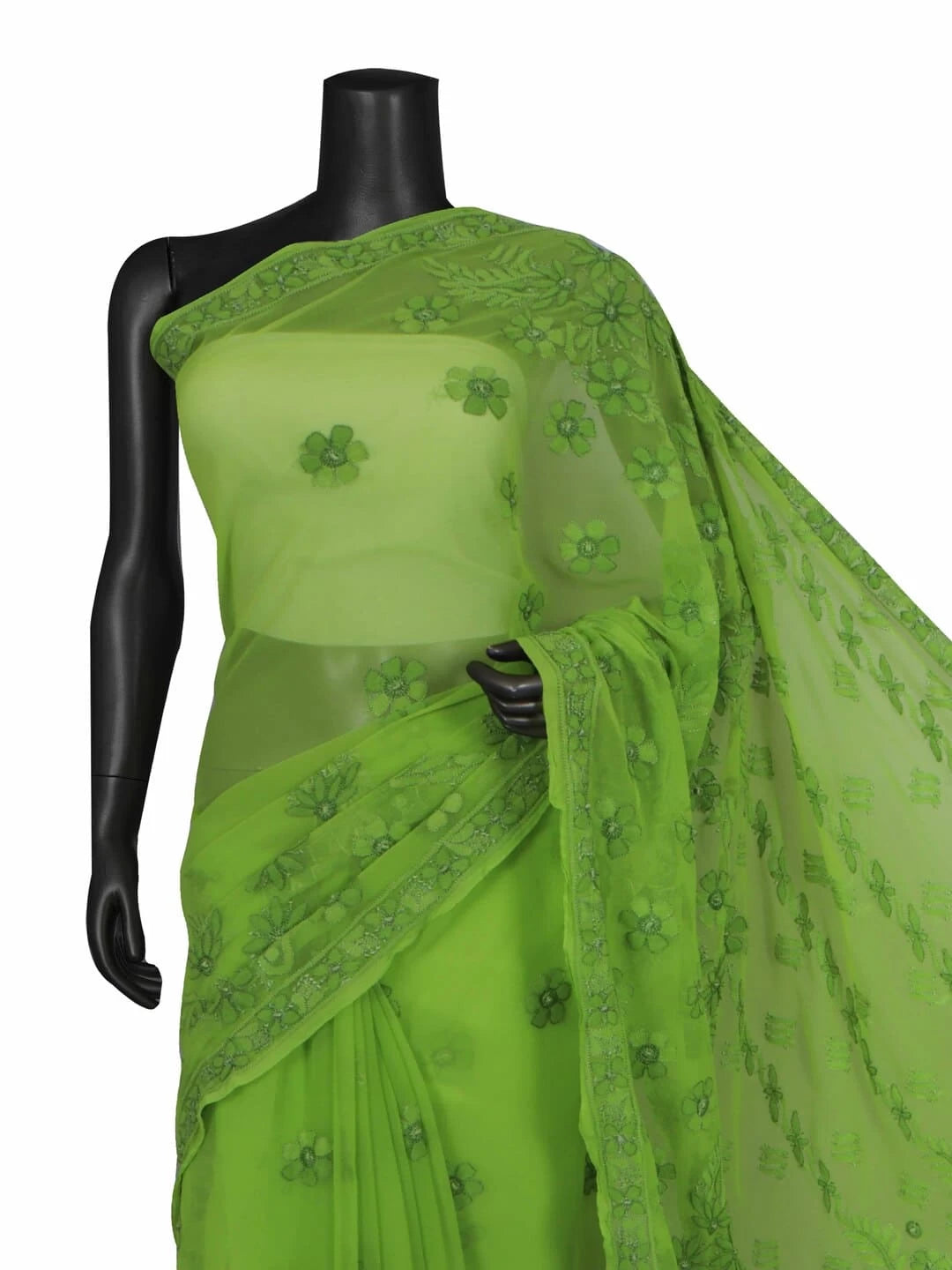 Ada Hand Embroidered Kelly Green Georgette Lucknowi Chikankari Saree With Blouse 01A140565