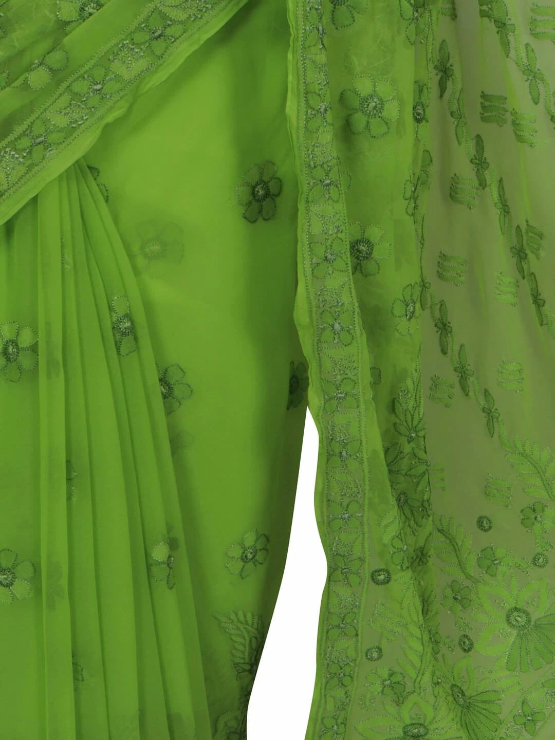 Ada Hand Embroidered Kelly Green Georgette Lucknowi Chikankari Saree With Blouse 01A140565