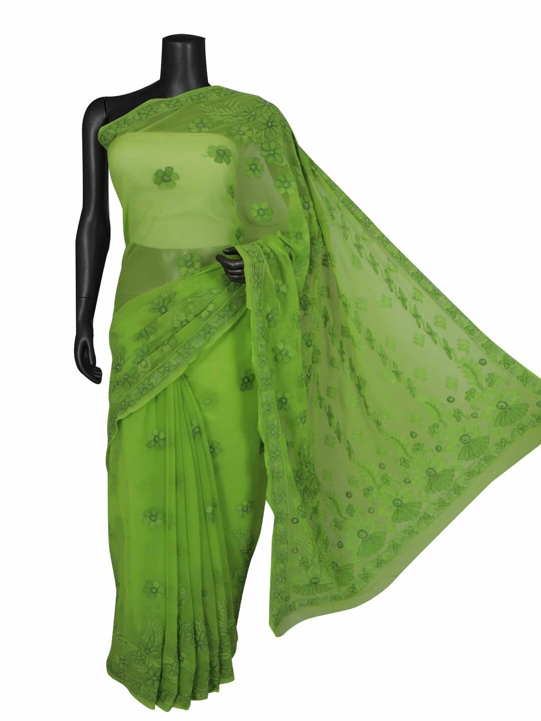 Ada Hand Embroidered Kelly Green Georgette Lucknowi Chikankari Saree With Blouse 01A140565