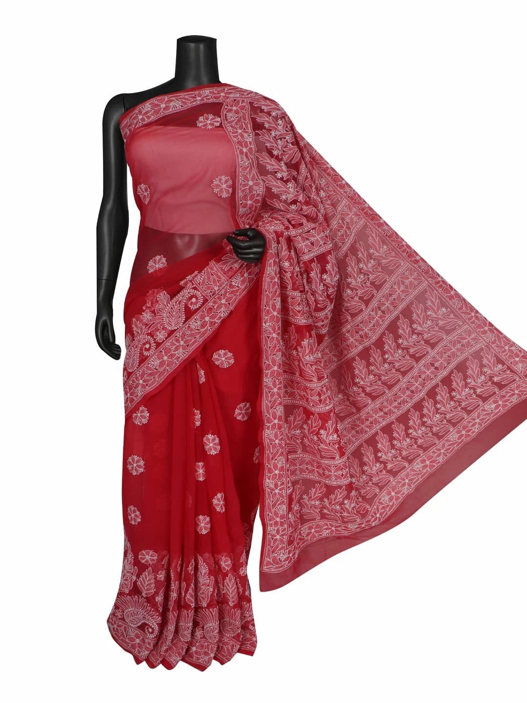 Ada Hand Embroidered Carrot Pink Georgette Lucknowi Chikankari Saree With Blouse 01A197656