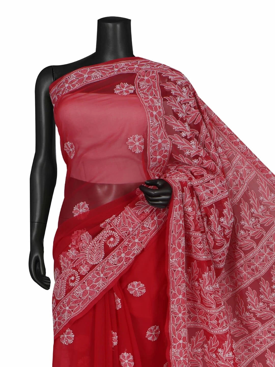 Ada Hand Embroidered Carrot Pink Georgette Lucknowi Chikankari Saree With Blouse 01A197656