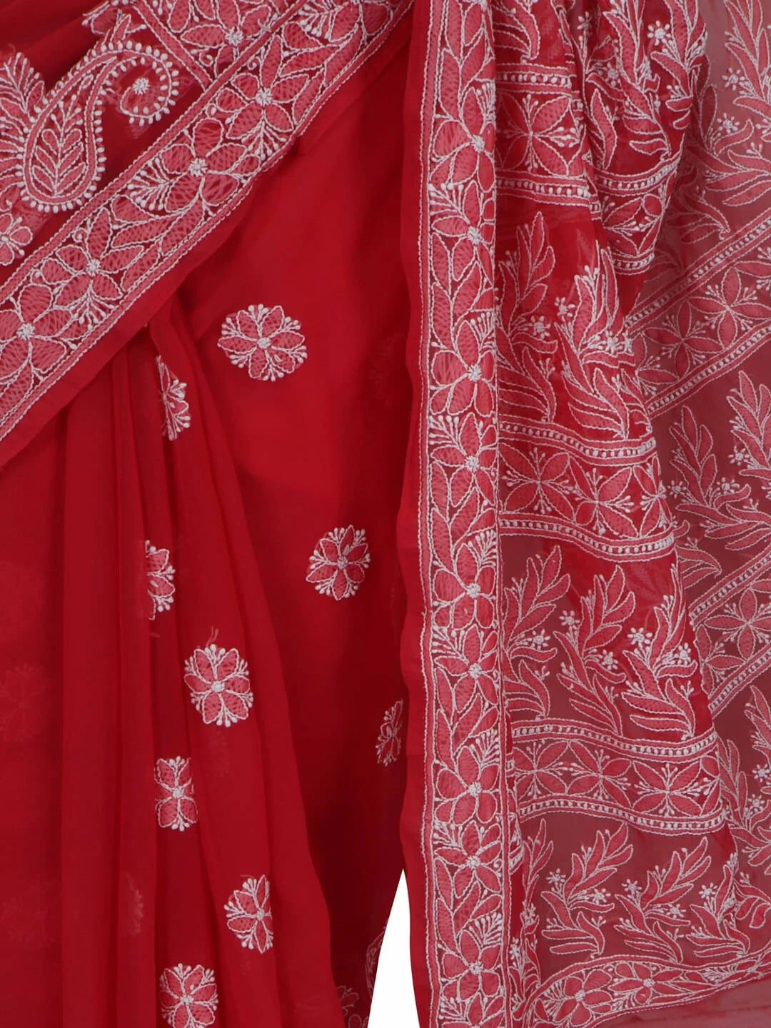Ada Hand Embroidered Carrot Pink Georgette Lucknowi Chikankari Saree With Blouse 01A197656