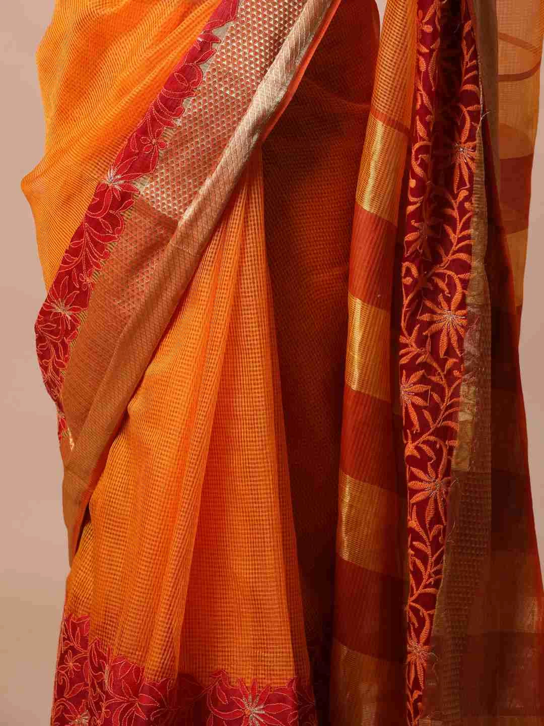 Ada Hand Embroidered Mustard Chanderi Lucknowi Chikankari Saree/ Blouse With Zari Work 01A66465